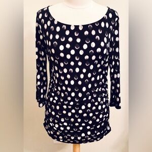 Ellen Tracy Black White Grey Polka Dot Ruched Fitted 3/4 Sleeve Career Top SZ L